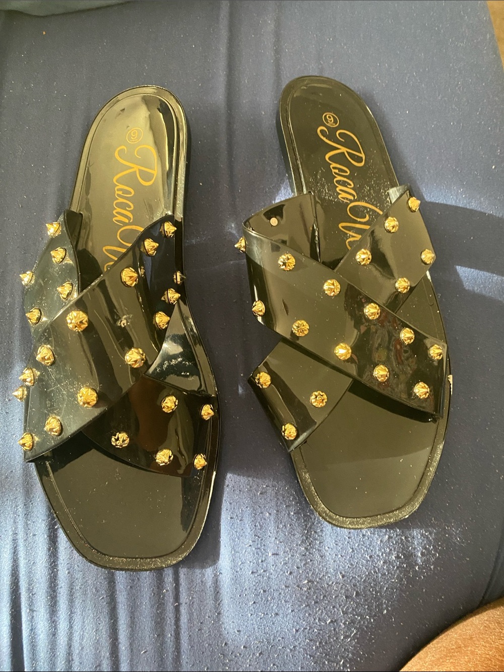 Rocawear Black Patent Slide Sandals with Gold Stud Accents